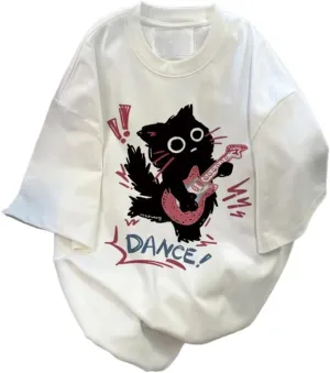Cute Punk Cat Guitar Printed Short Sleeve T-Shirt Summer Oversized Graphic Tees Harajuku Vintage Aesthetic Baggy Top