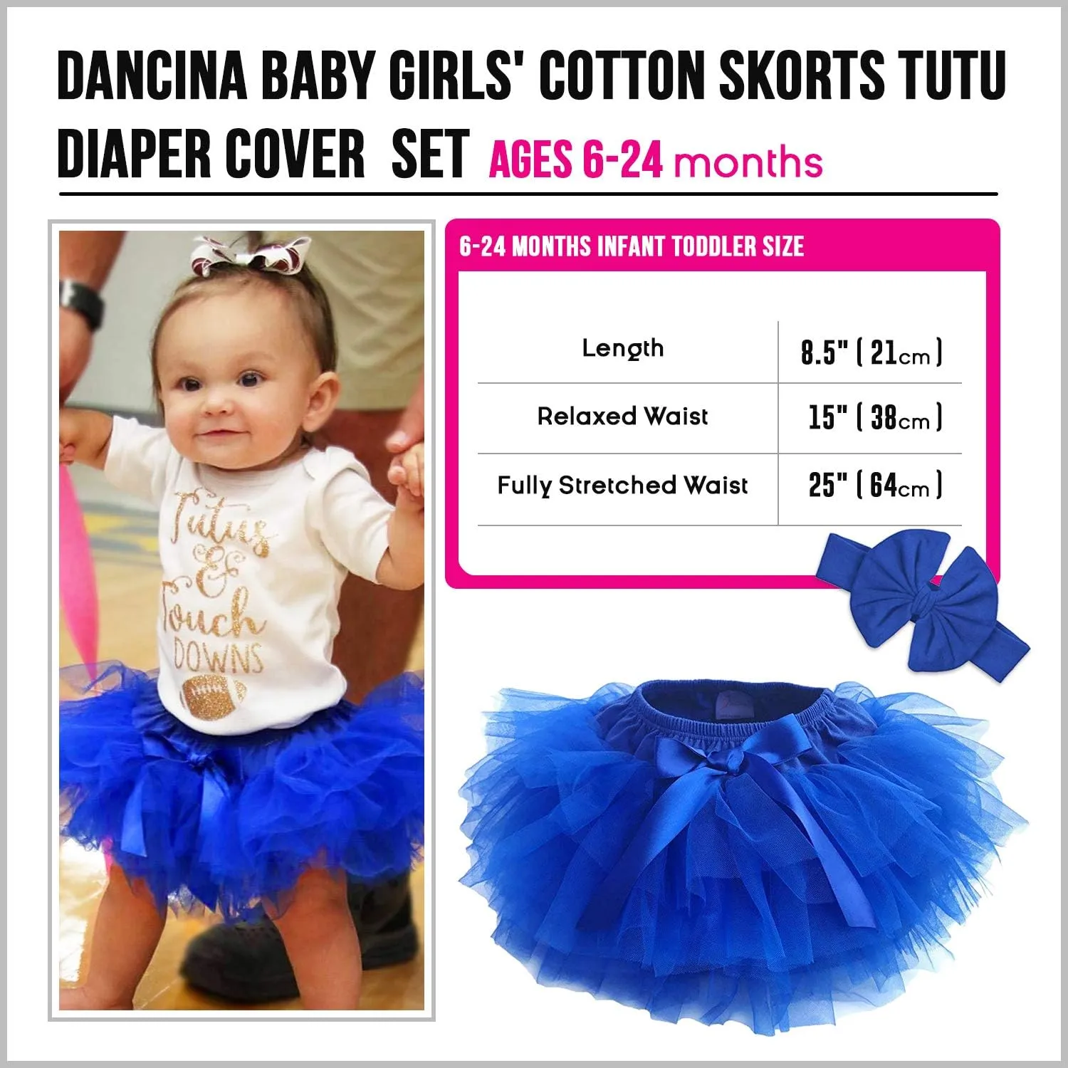 Dancina Baby Tutu Diaper Cover - Girls Cotton Skorts Headband Set Ages 6-24 mo