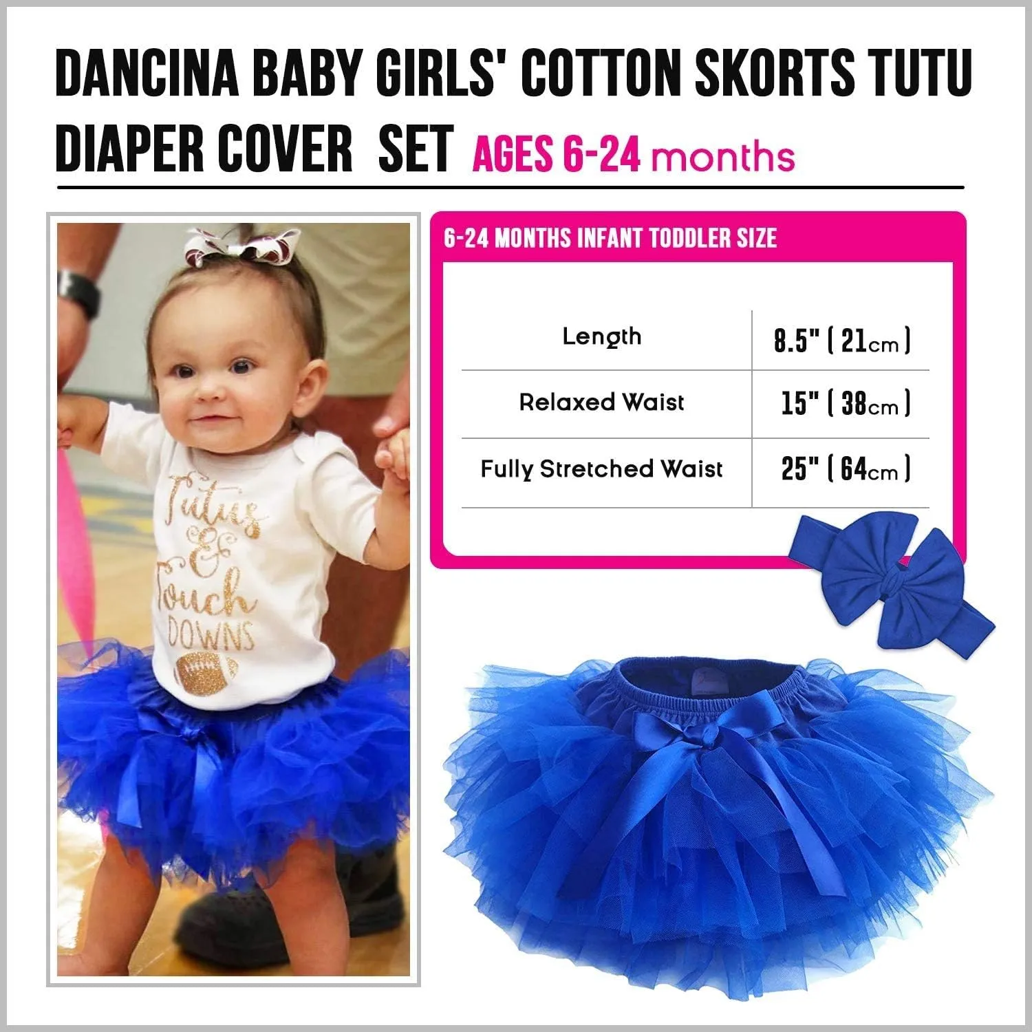 Dancina Baby Tutu Diaper Cover - Girls Cotton Skorts Headband Set Ages 6-24 mo