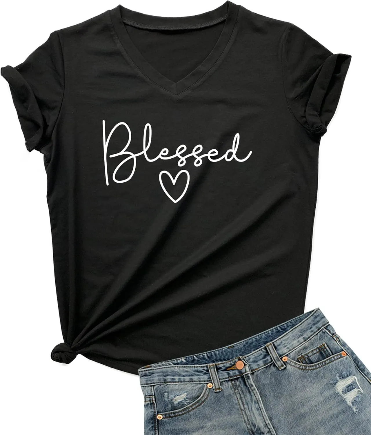 DANVOUY Womens V-Neck Cute Blessed T-Shirt Funny Heart Graphic T Shirt Short Sleeve Tops