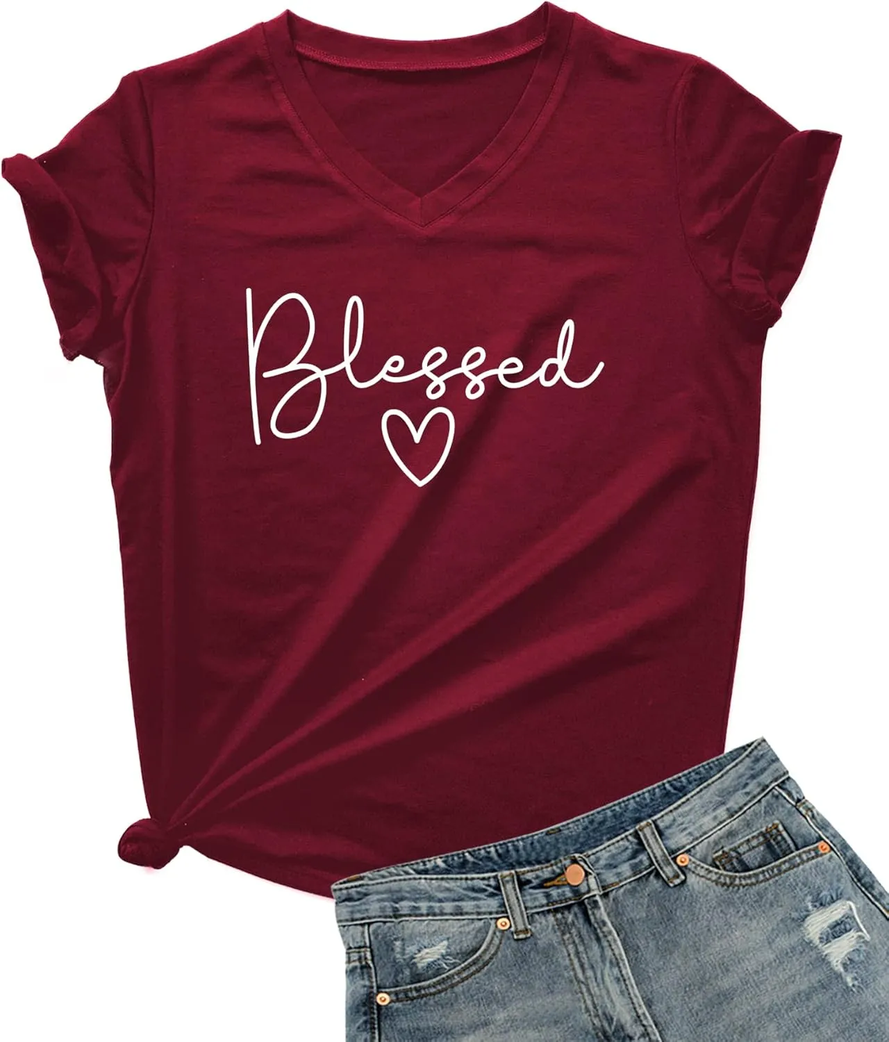 DANVOUY Womens V-Neck Cute Blessed T-Shirt Funny Heart Graphic T Shirt Short Sleeve Tops