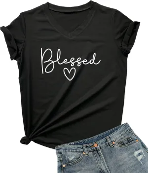 DANVOUY Womens V-Neck Cute Blessed T-Shirt Funny Heart Graphic T Shirt Short Sleeve Tops