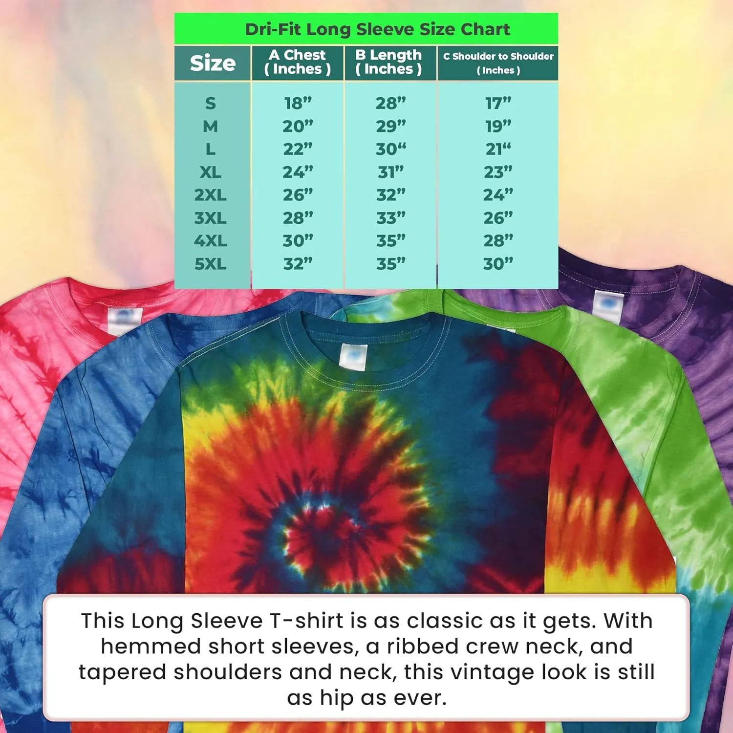 DARESAY Long Sleeve Tie Dye T-Shirt, for Men, Women and Teens (Up to 5XL)