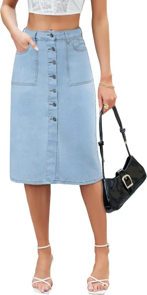 Denim Skirt Women Long Jean Skirts Stretch High Waisted Button Down Front Slit A Line with Pockets