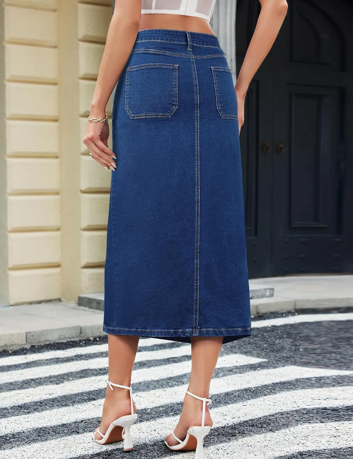 Denim Skirt Women Long Jean Skirts Stretch High Waisted Button Down Front Slit A Line with Pockets