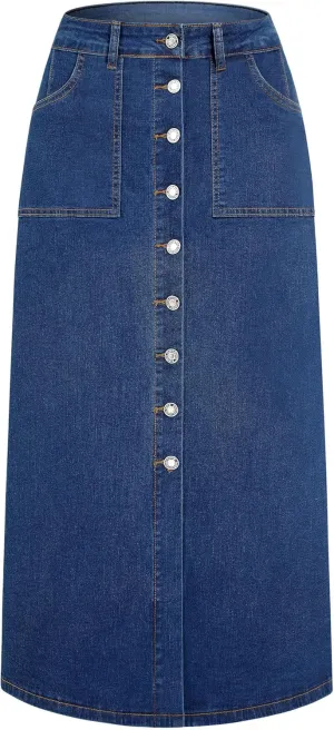 Denim Skirt Women Long Jean Skirts Stretch High Waisted Button Down Front Slit A Line with Pockets