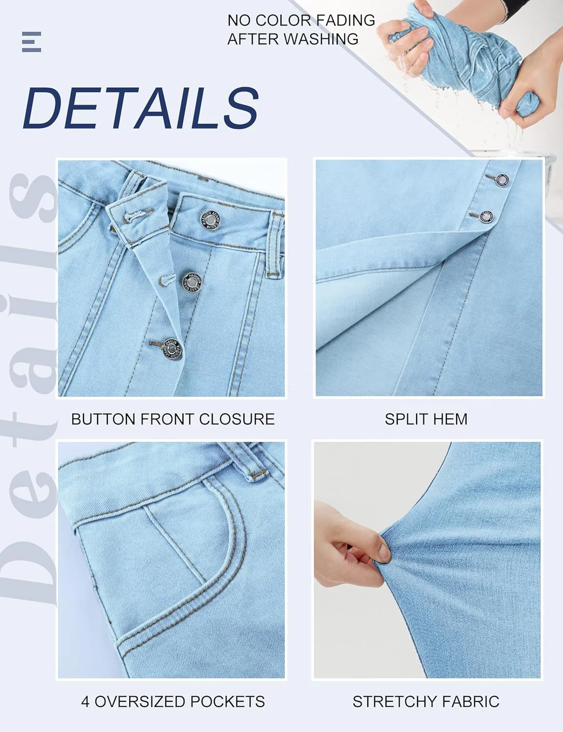 Denim Skirt Women Long Jean Skirts Stretch High Waisted Button Down Front Slit A Line with Pockets