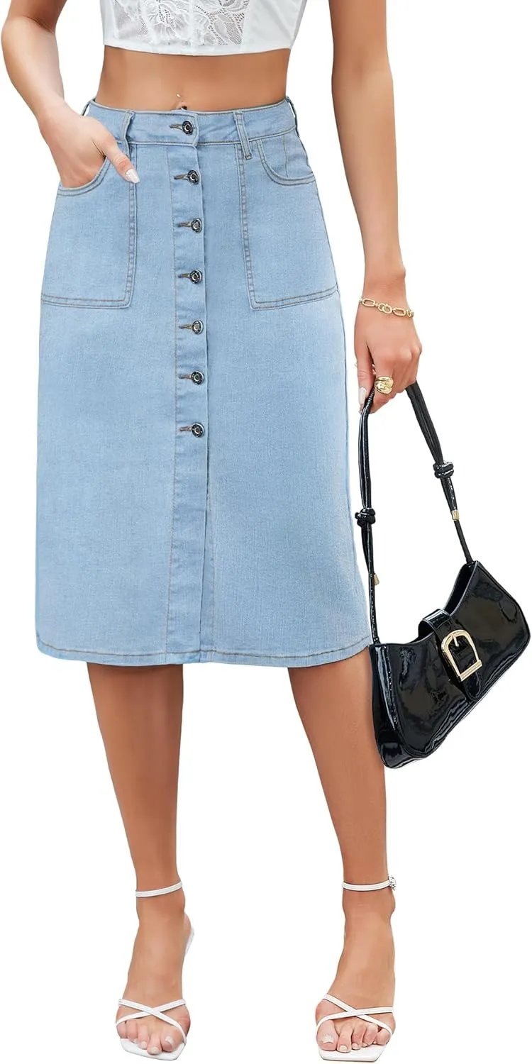 Denim Skirt Women Long Jean Skirts Stretch High Waisted Button Down Front Slit A Line with Pockets