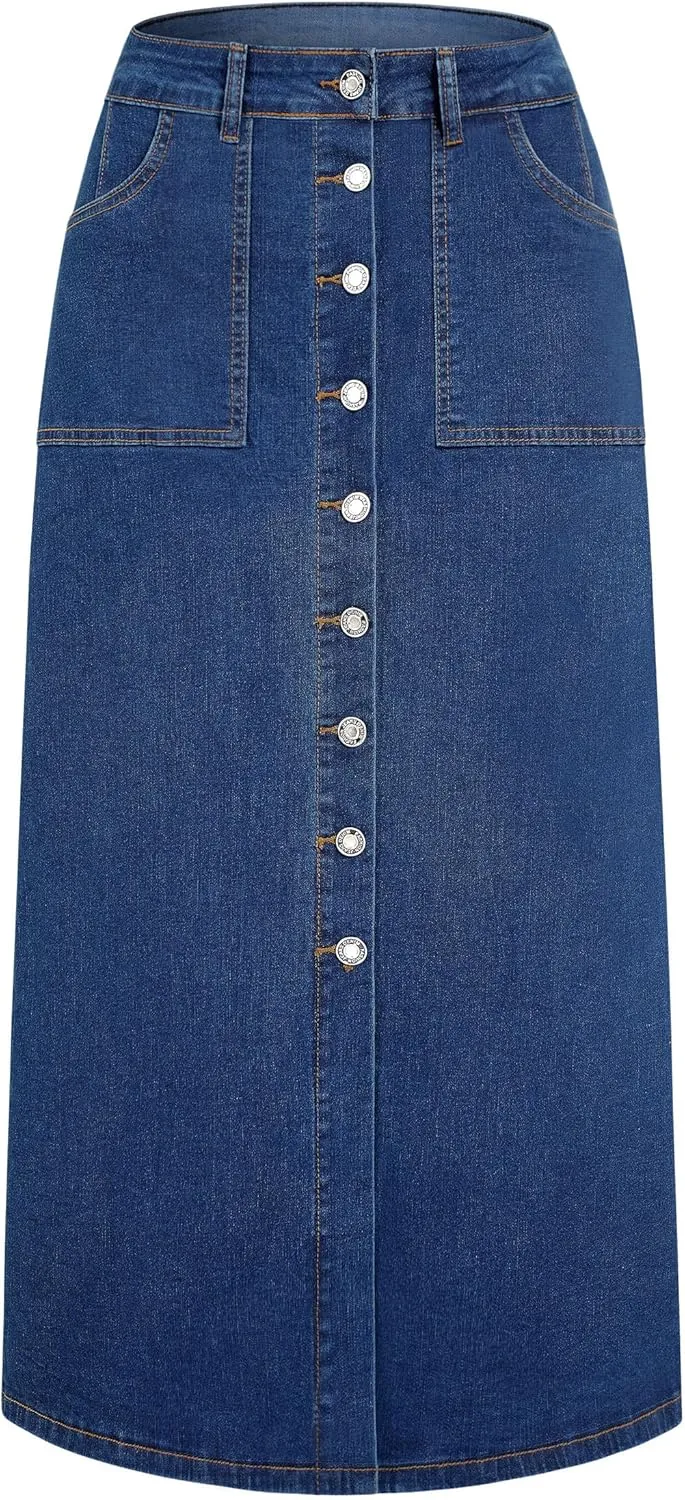 Denim Skirt Women Long Jean Skirts Stretch High Waisted Button Down Front Slit A Line with Pockets