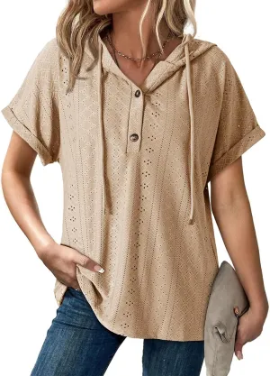 Dokotoo Sweatshirts for Women Spring Summer Hollow Out Hoodies Drawstring Button V Neck Short Sleeve Pullover Sweatshirt