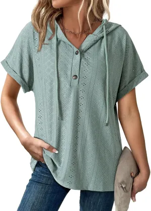 Dokotoo Sweatshirts for Women Spring Summer Hollow Out Hoodies Drawstring Button V Neck Short Sleeve Pullover Sweatshirt