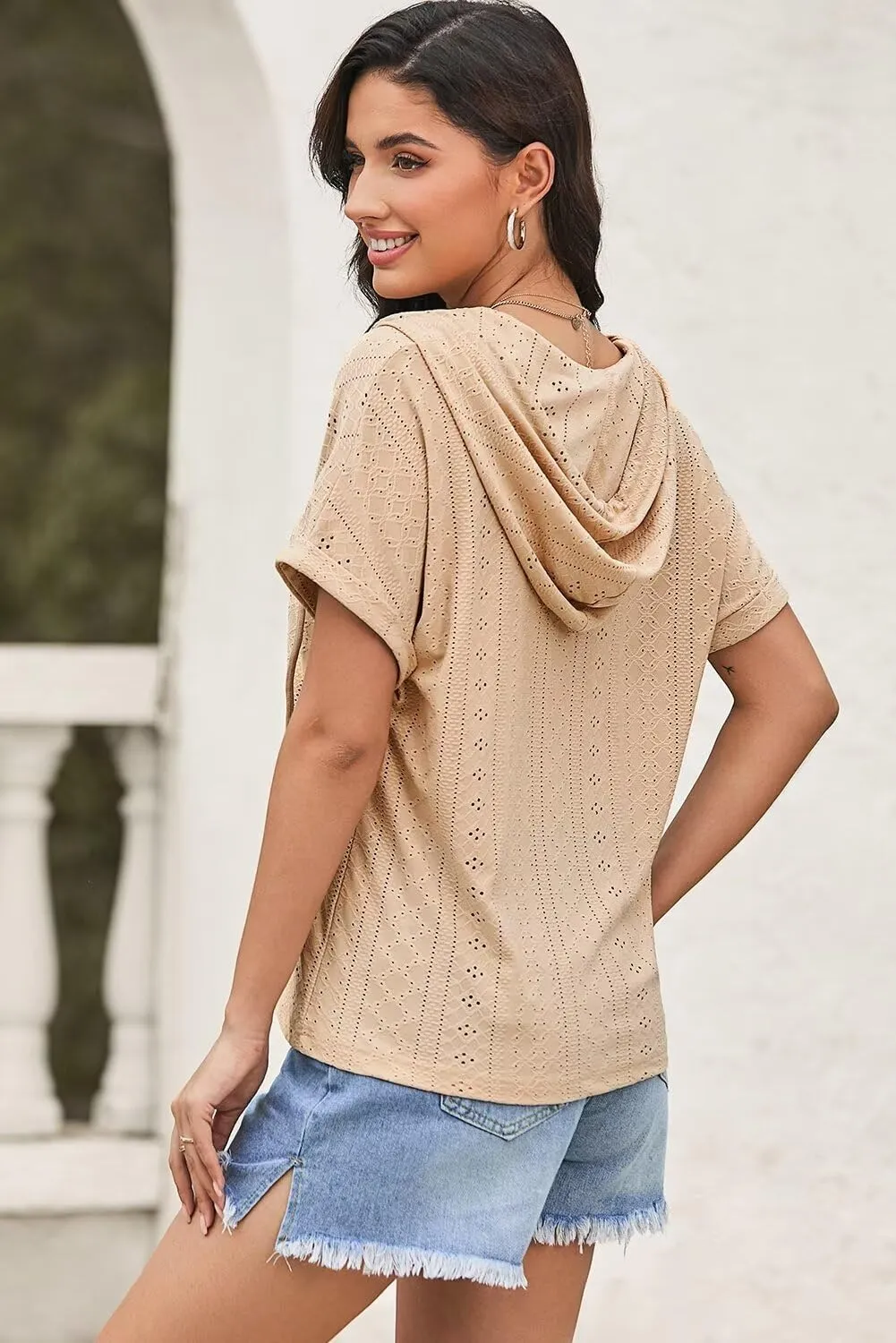Dokotoo Sweatshirts for Women Spring Summer Hollow Out Hoodies Drawstring Button V Neck Short Sleeve Pullover Sweatshirt