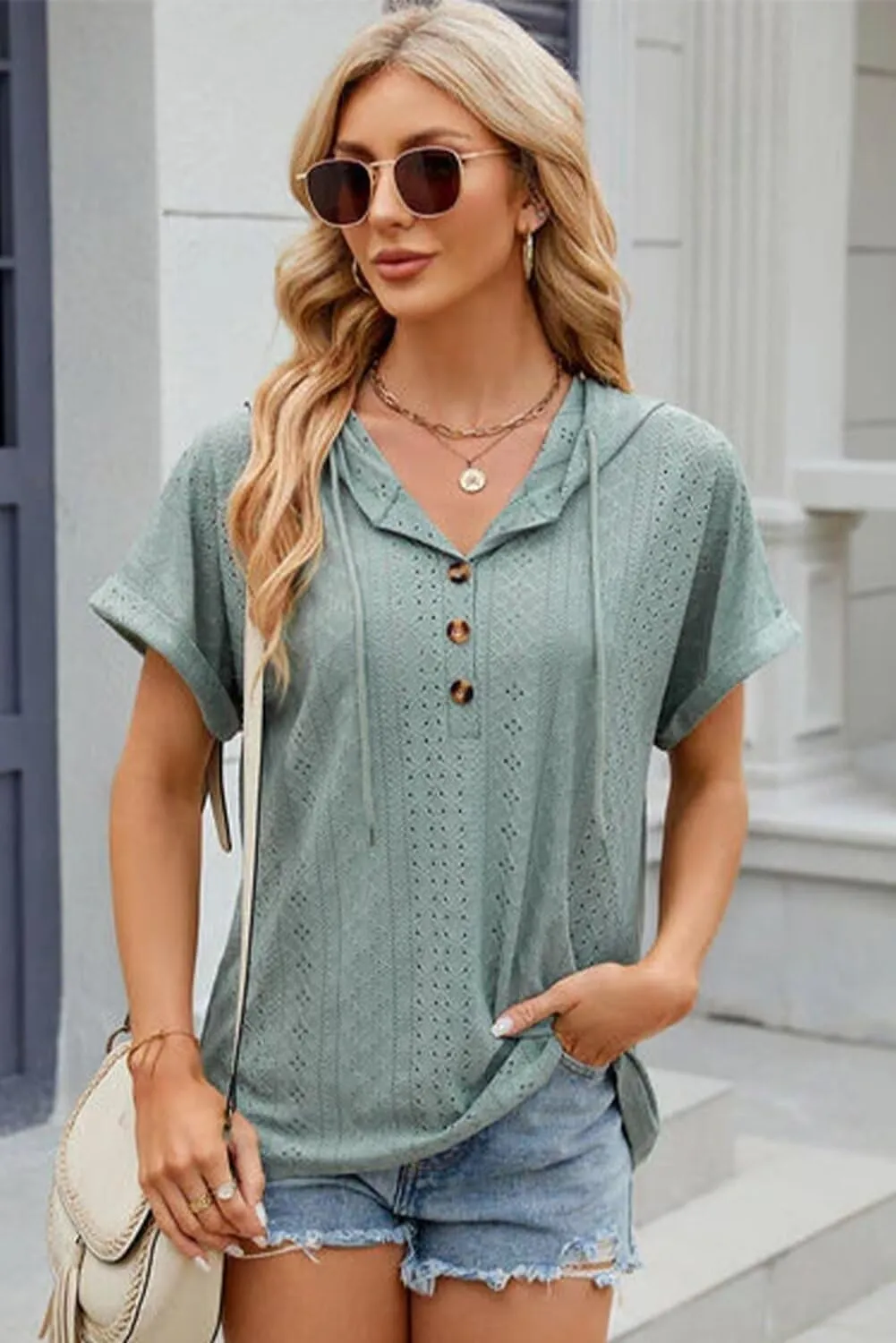 Dokotoo Sweatshirts for Women Spring Summer Hollow Out Hoodies Drawstring Button V Neck Short Sleeve Pullover Sweatshirt