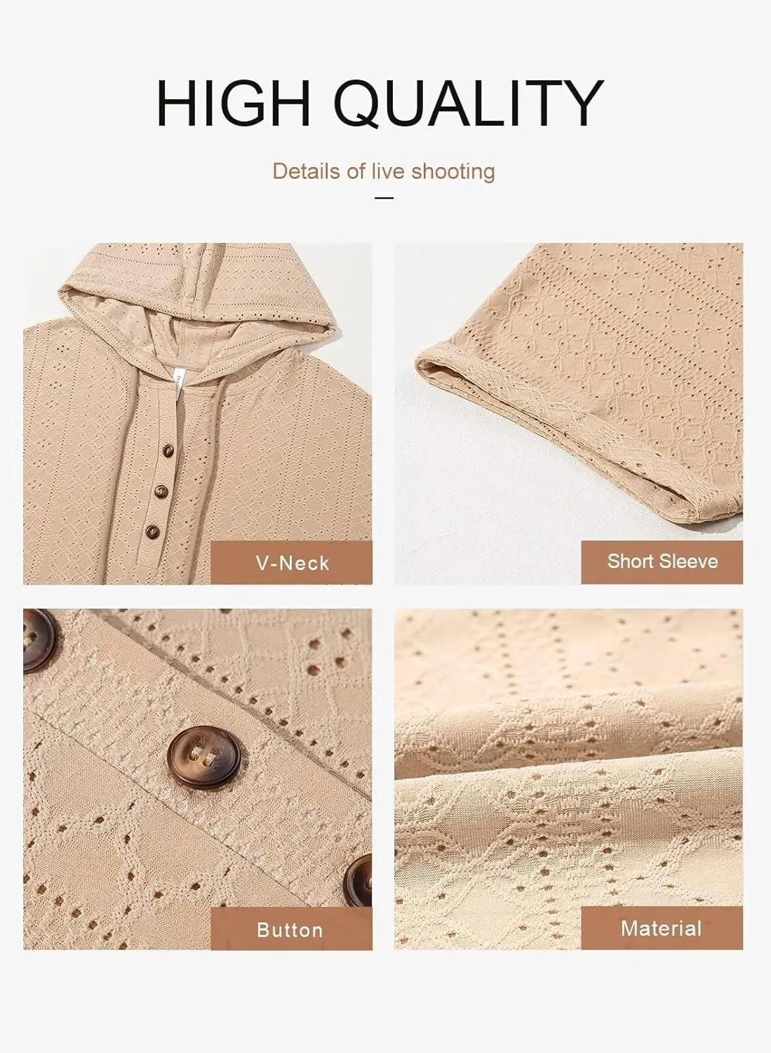Dokotoo Sweatshirts for Women Spring Summer Hollow Out Hoodies Drawstring Button V Neck Short Sleeve Pullover Sweatshirt