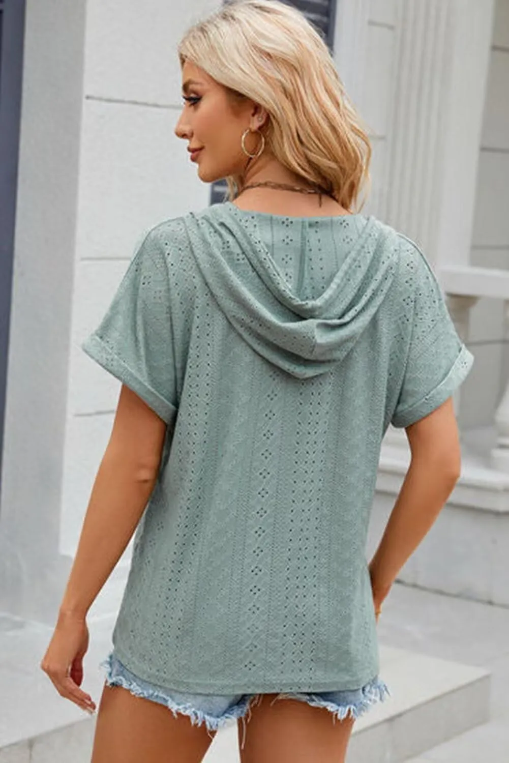 Dokotoo Sweatshirts for Women Spring Summer Hollow Out Hoodies Drawstring Button V Neck Short Sleeve Pullover Sweatshirt
