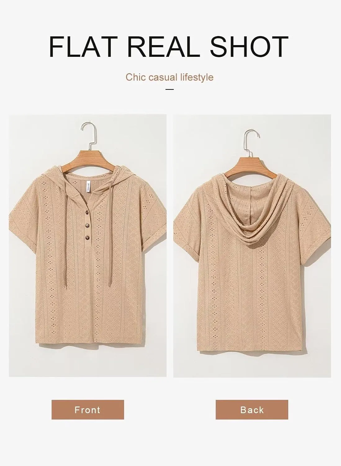 Dokotoo Sweatshirts for Women Spring Summer Hollow Out Hoodies Drawstring Button V Neck Short Sleeve Pullover Sweatshirt