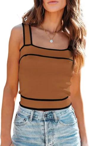 Dokotoo Women's Square Neck Knit Crop Tank Tops 2025 Slim Fit Y2K Color Block Sleeveless Cami Shirts