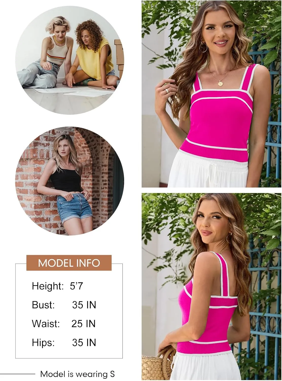 Dokotoo Women's Square Neck Knit Crop Tank Tops 2025 Slim Fit Y2K Color Block Sleeveless Cami Shirts