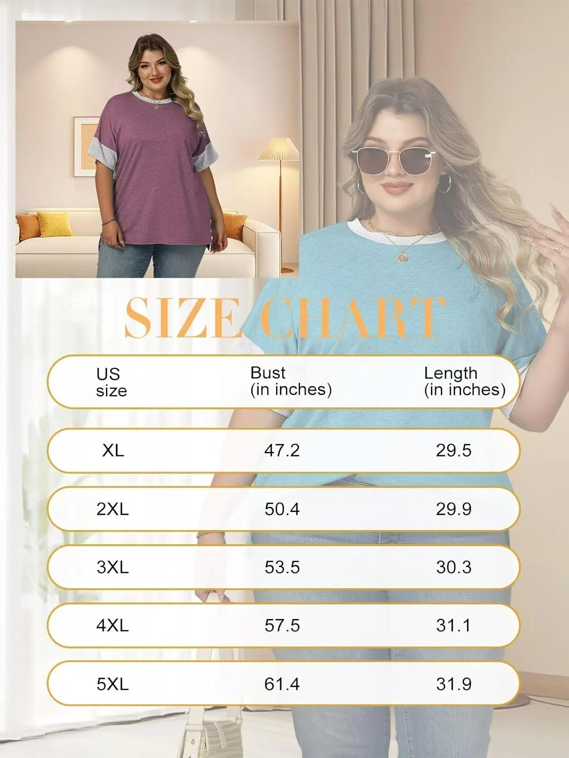 DOLNINE Plus-Size-Tops for Women Summer Color Block Shirts Casual Crewneck Tees Trendy Going Out Side Split Tunics XL-5XL