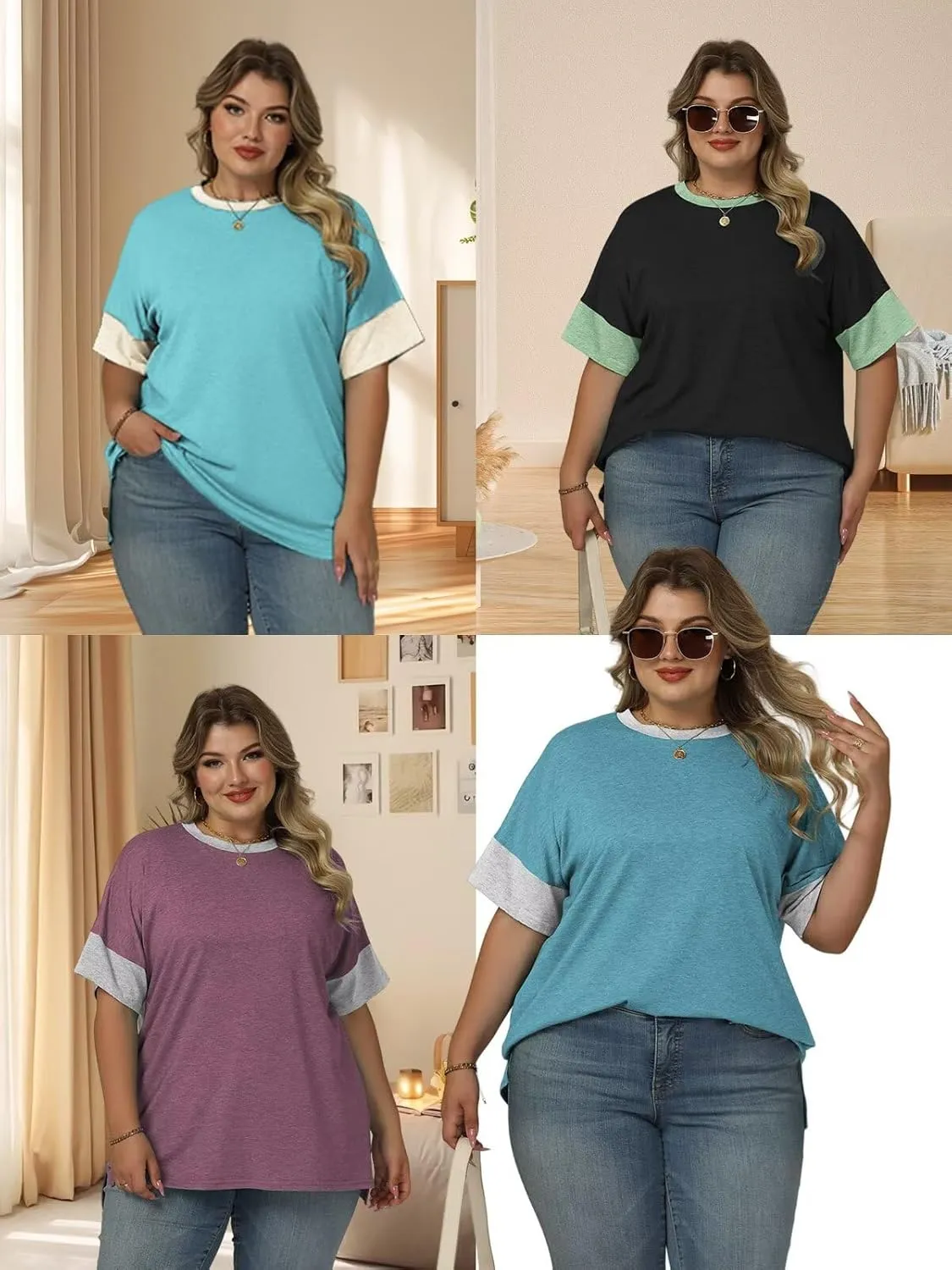DOLNINE Plus-Size-Tops for Women Summer Color Block Shirts Casual Crewneck Tees Trendy Going Out Side Split Tunics XL-5XL
