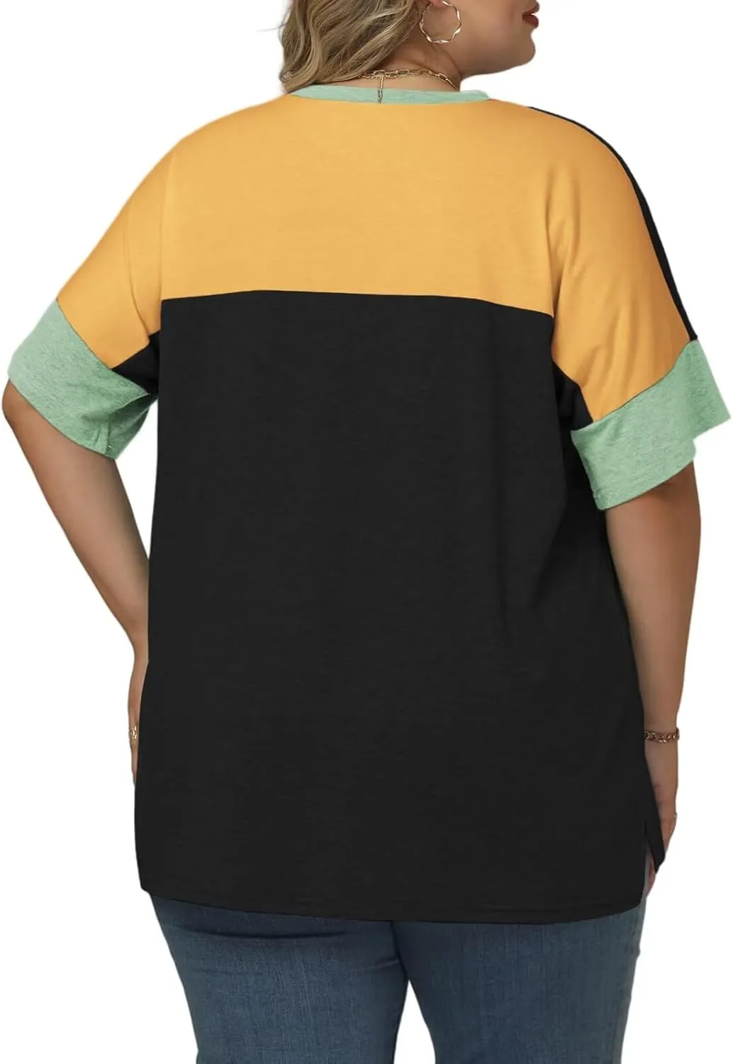 DOLNINE Plus-Size-Tops for Women Summer Color Block Shirts Casual Crewneck Tees Trendy Going Out Side Split Tunics XL-5XL