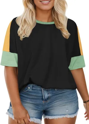 DOLNINE Plus-Size-Tops for Women Summer Color Block Shirts Casual Crewneck Tees Trendy Going Out Side Split Tunics XL-5XL