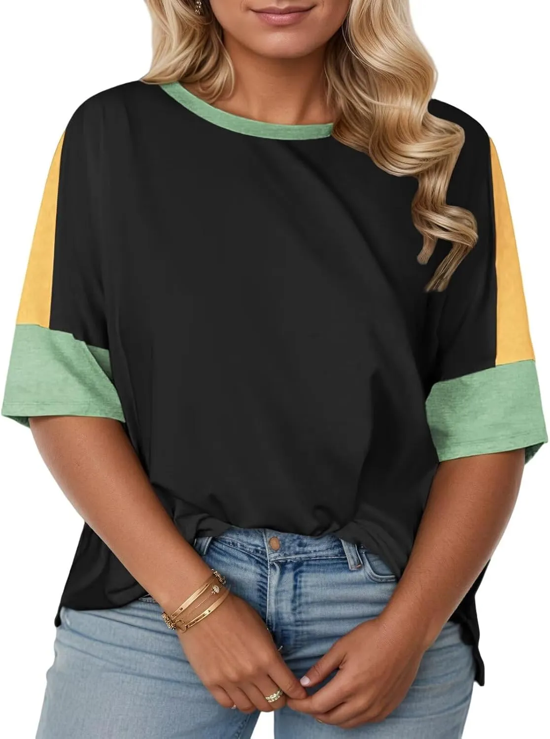 DOLNINE Plus-Size-Tops for Women Summer Color Block Shirts Casual Crewneck Tees Trendy Going Out Side Split Tunics XL-5XL