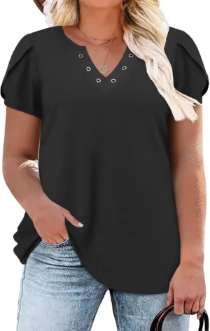DOLNINE Womens Plus Size Tops Basic Casual T-Shirts Ring Hole V Neck Petal Short Sleeve Tee Tunics