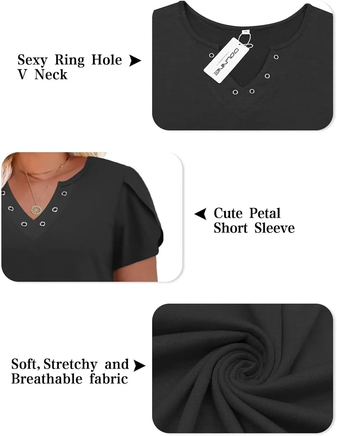 DOLNINE Womens Plus Size Tops Basic Casual T-Shirts Ring Hole V Neck Petal Short Sleeve Tee Tunics