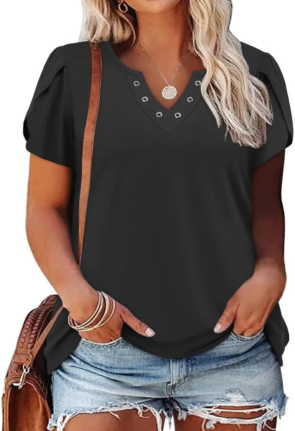 DOLNINE Womens Plus Size Tops Basic Casual T-Shirts Ring Hole V Neck Petal Short Sleeve Tee Tunics
