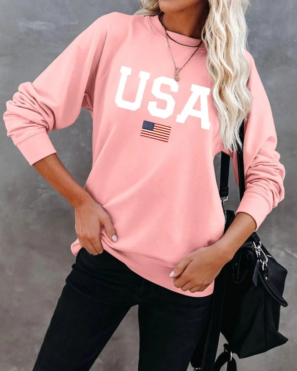 Dressmine Womens USA Shirt Casual Long Sleeve Graphic Tees Knit Crew Neck Sweatshirts Loose Pullover
