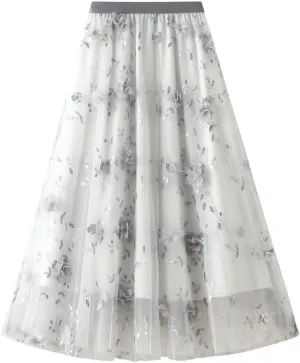 ebossy Womens Elastic High Waist Tutu Tulle Skirt Sweet Embroidery Pleated 3-Layers Mesh Midi Fairy Skirts with Lined