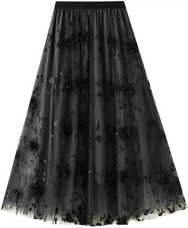 ebossy Womens Elastic High Waist Tutu Tulle Skirt Sweet Embroidery Pleated 3-Layers Mesh Midi Fairy Skirts with Lined