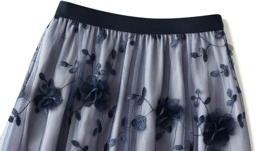 ebossy Womens Elastic High Waist Tutu Tulle Skirt Sweet Embroidery Pleated 3-Layers Mesh Midi Fairy Skirts with Lined