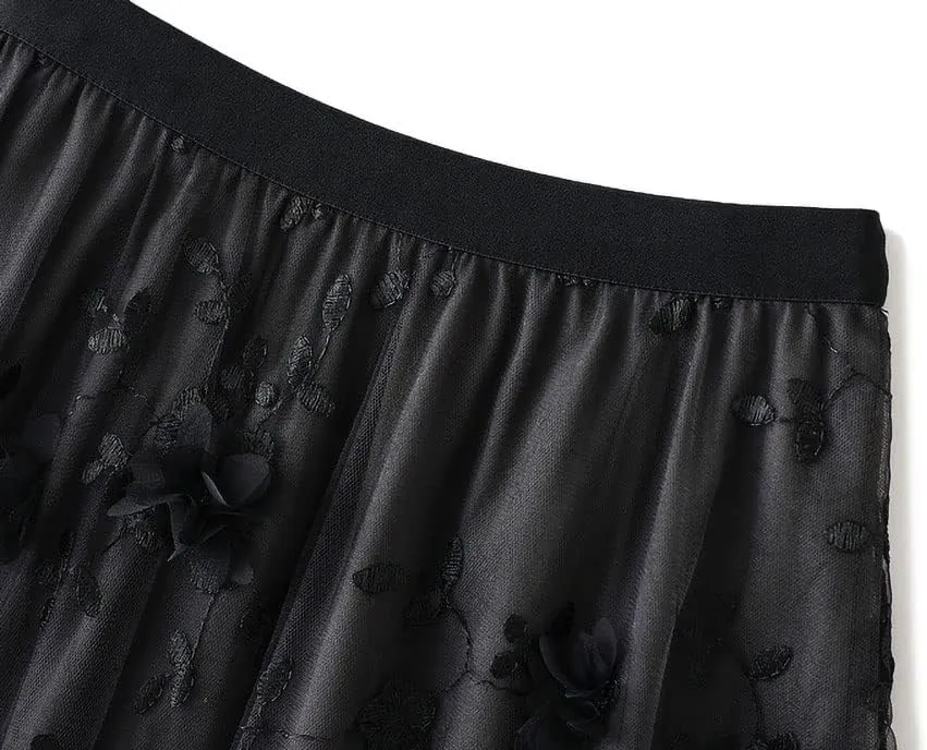 ebossy Womens Elastic High Waist Tutu Tulle Skirt Sweet Embroidery Pleated 3-Layers Mesh Midi Fairy Skirts with Lined