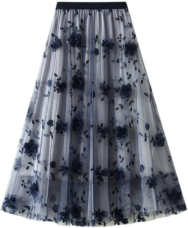 ebossy Womens Elastic High Waist Tutu Tulle Skirt Sweet Embroidery Pleated 3-Layers Mesh Midi Fairy Skirts with Lined