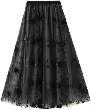 ebossy Womens Elastic High Waist Tutu Tulle Skirt Sweet Embroidery Pleated 3-Layers Mesh Midi Fairy Skirts with Lined