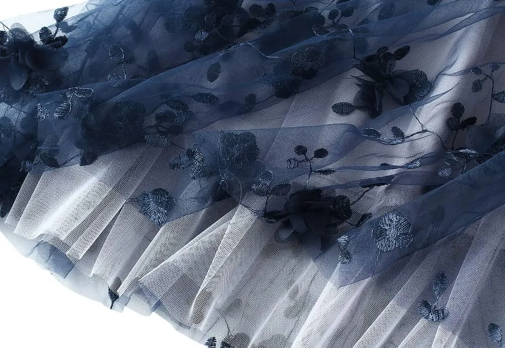 ebossy Womens Elastic High Waist Tutu Tulle Skirt Sweet Embroidery Pleated 3-Layers Mesh Midi Fairy Skirts with Lined