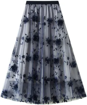 ebossy Womens Elastic High Waist Tutu Tulle Skirt Sweet Embroidery Pleated 3-Layers Mesh Midi Fairy Skirts with Lined
