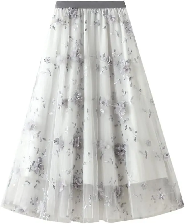 ebossy Womens Elastic High Waist Tutu Tulle Skirt Sweet Embroidery Pleated 3-Layers Mesh Midi Fairy Skirts with Lined