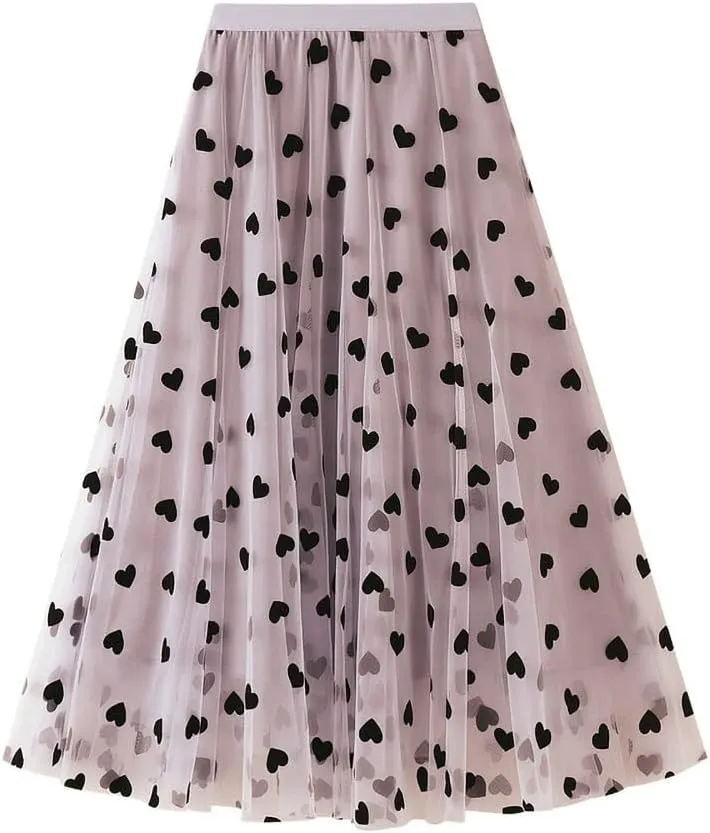 ebossy Womens Elastic High Waist Tutu Tulle Skirt Sweet Floral Print Pleated 3-Layers Mesh Midi Fairy Skirts with Lined