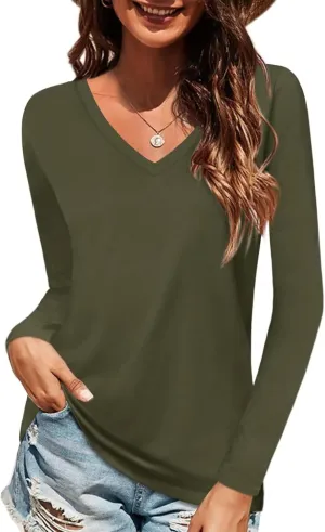 Elesomo Women Shirts V Neck Short/Long Sleeve Cotton Tops T-Shirt Basic Tees