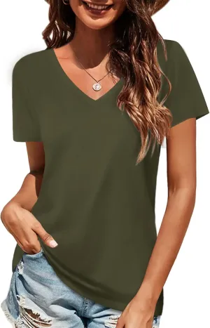 Elesomo Women Shirts V Neck Short/Long Sleeve Cotton Tops T-Shirt Basic Tees