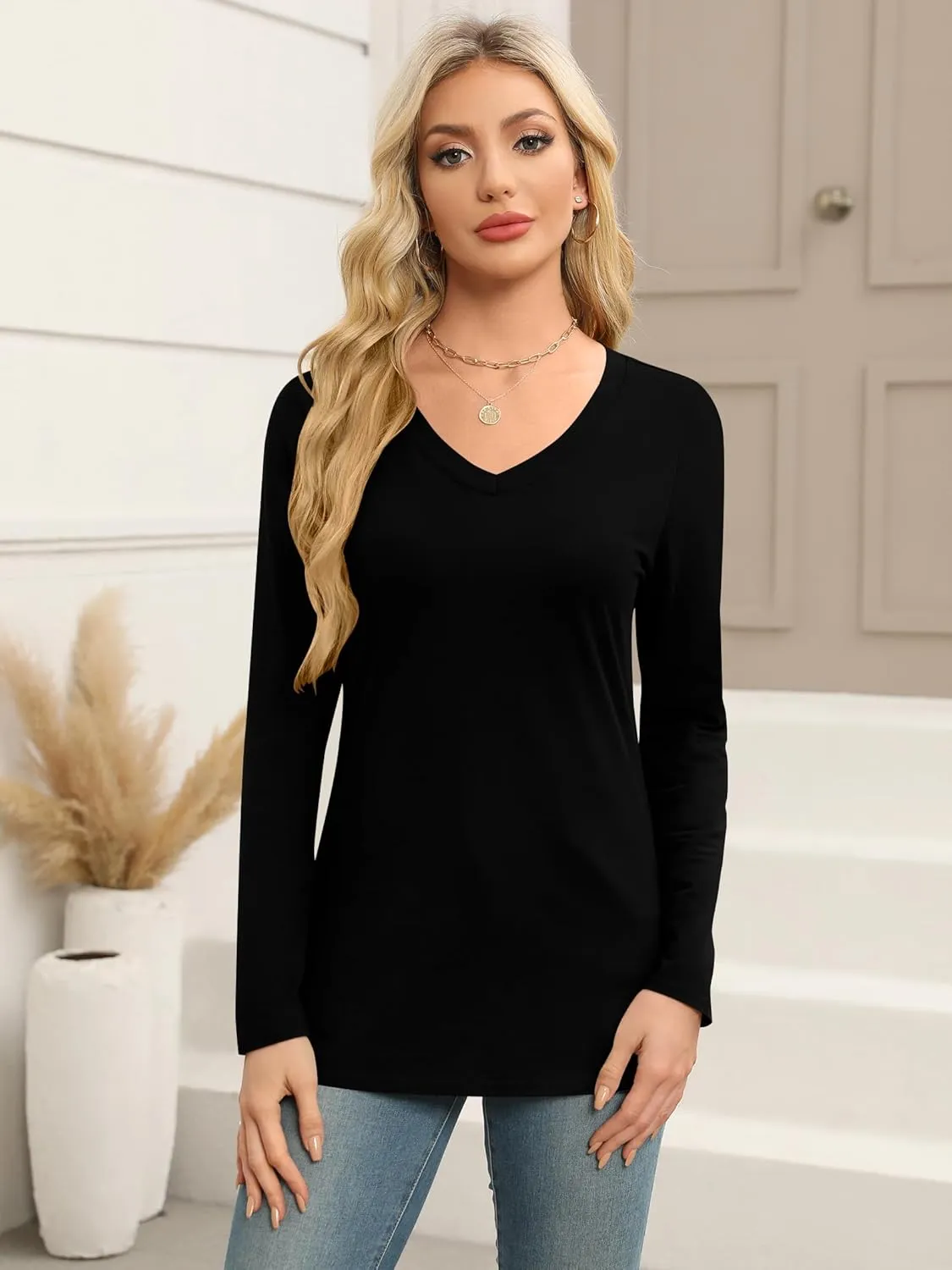 Elesomo Women Shirts V Neck Short/Long Sleeve Cotton Tops T-Shirt Basic Tees