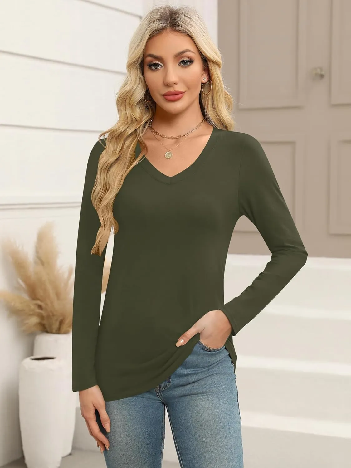 Elesomo Women Shirts V Neck Short/Long Sleeve Cotton Tops T-Shirt Basic Tees