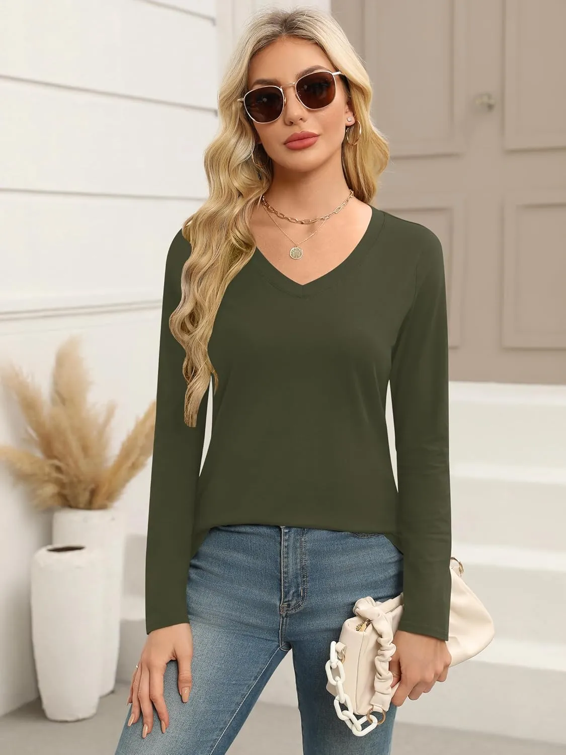 Elesomo Women Shirts V Neck Short/Long Sleeve Cotton Tops T-Shirt Basic Tees