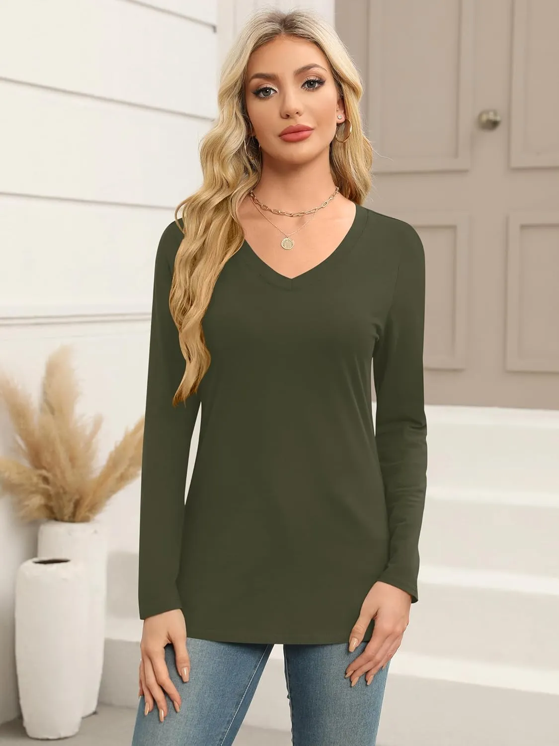 Elesomo Women Shirts V Neck Short/Long Sleeve Cotton Tops T-Shirt Basic Tees