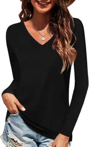 Elesomo Women Shirts V Neck Short/Long Sleeve Cotton Tops T-Shirt Basic Tees