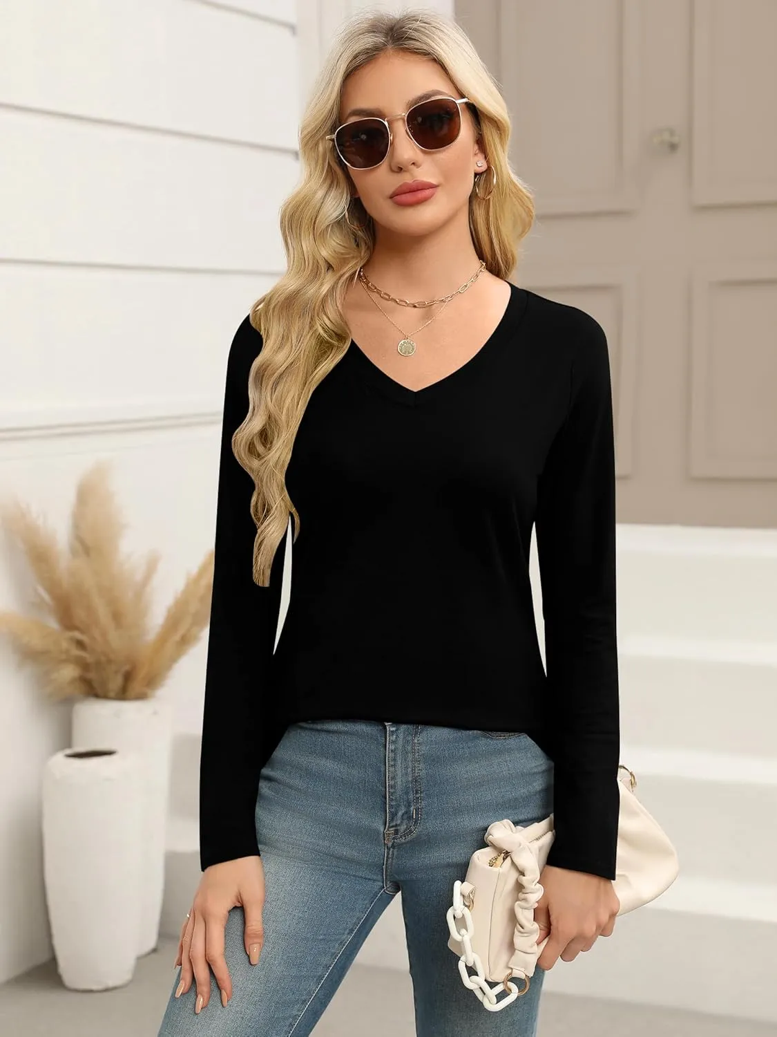 Elesomo Women Shirts V Neck Short/Long Sleeve Cotton Tops T-Shirt Basic Tees
