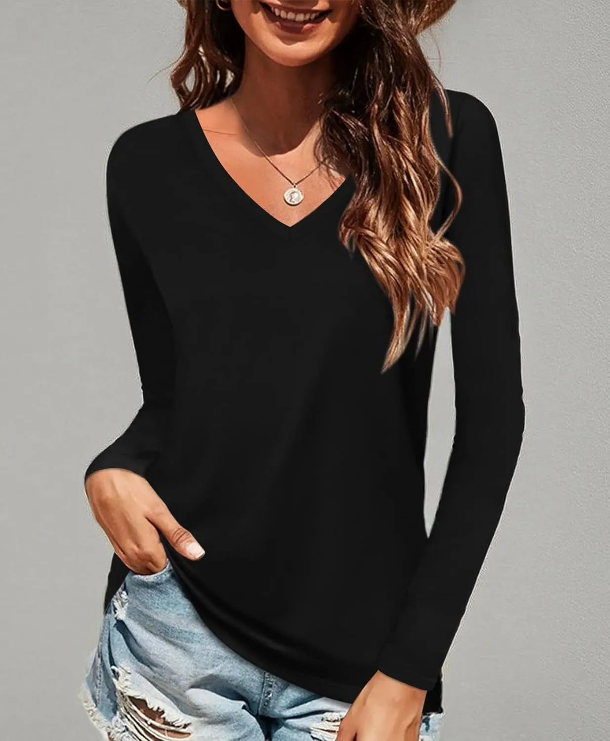 Elesomo Women Shirts V Neck Short/Long Sleeve Cotton Tops T-Shirt Basic Tees